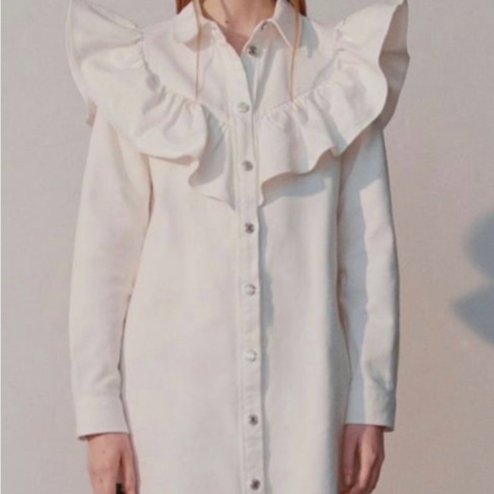 Zara White Ruffle-Trim Long Sleeve Dress